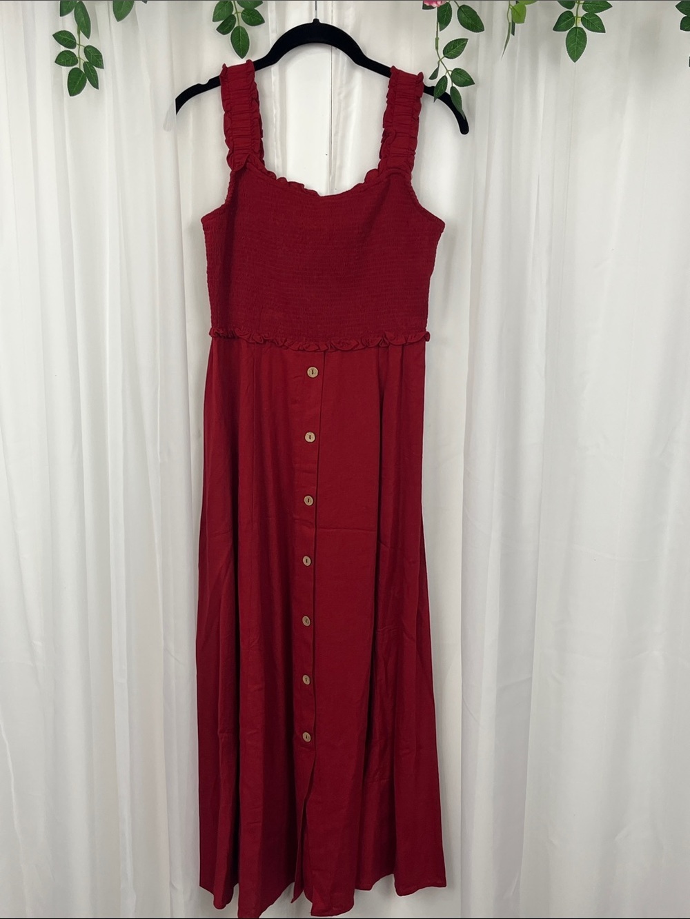 Blu Pepper Womens Maxi Dress M Red Wine Smocking Faux Button Down Full Skirt NWT